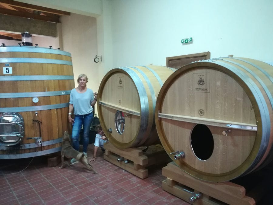 woman is by the wine wood barrels and looking at the camera at 'Domaine Karanika' facilities